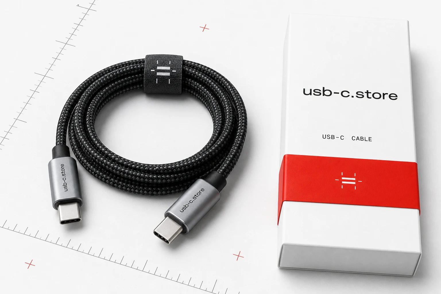 Coiled black USB-C cable beside a white and signal-red packaging concept